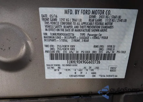 2016 Lincoln Mks z USA, uszkodzony, nr VIN 1LNHL9DK9GG602726